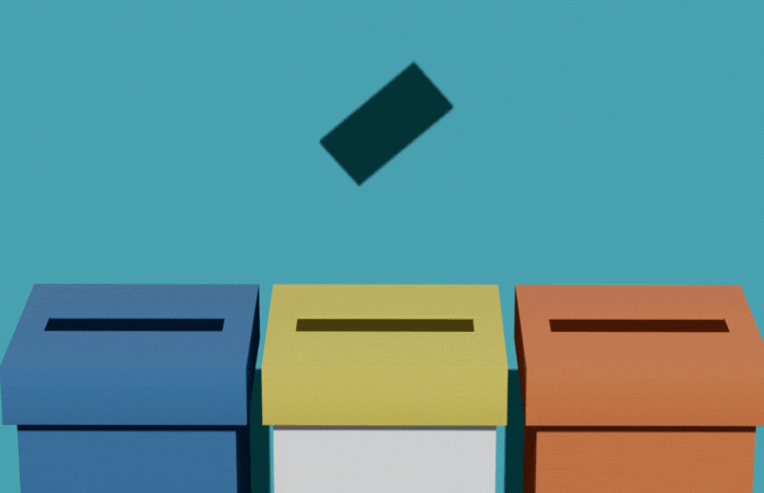 Three ballot boxes with ballots falling from the sky